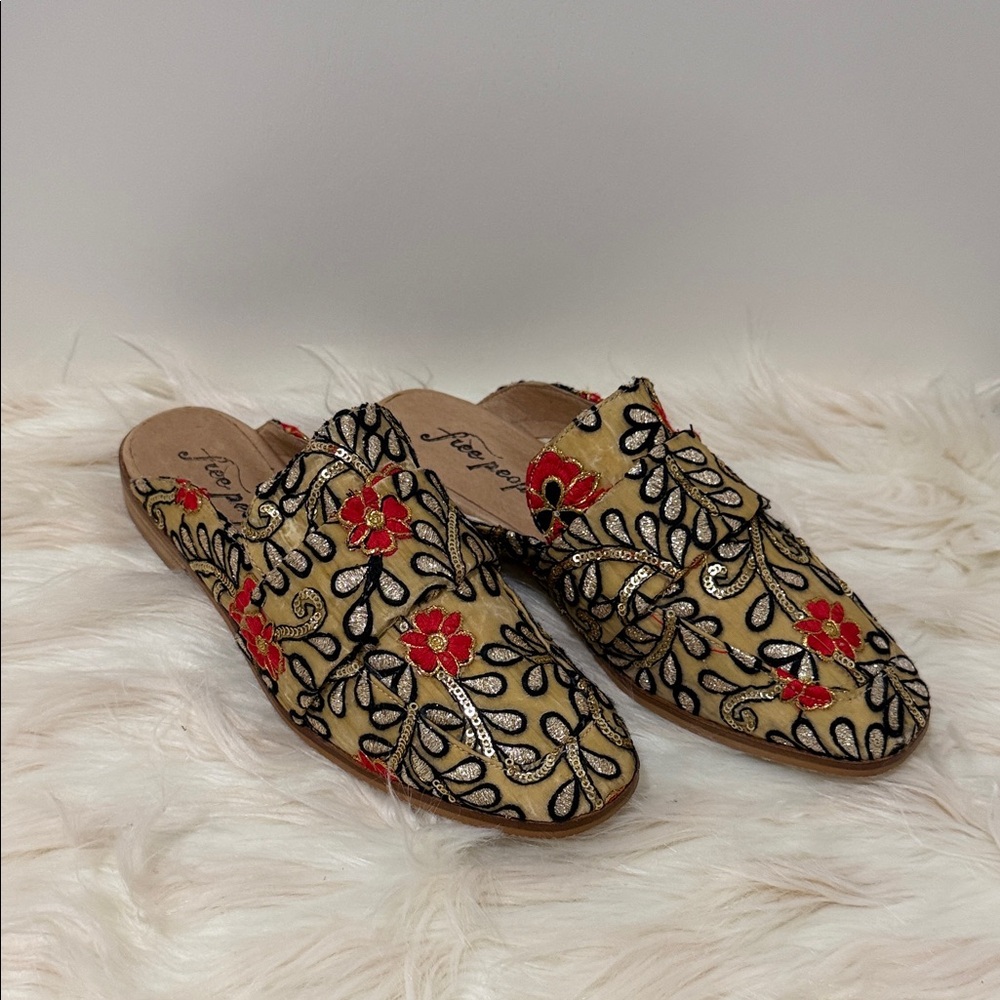 Free People Gold and Red Floral Embroidered Mules
